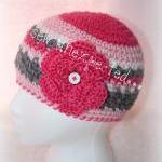 Pink and grey flower beanie
