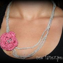 Crochet flower necklace - silver